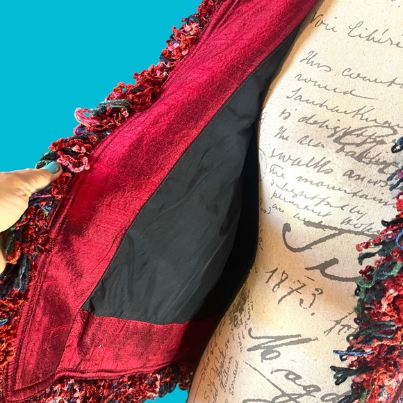 Yak Magik Red & Orange Textured Silk Blend Tweed Fringe Women’s Blazer S - Picture 2 of 8